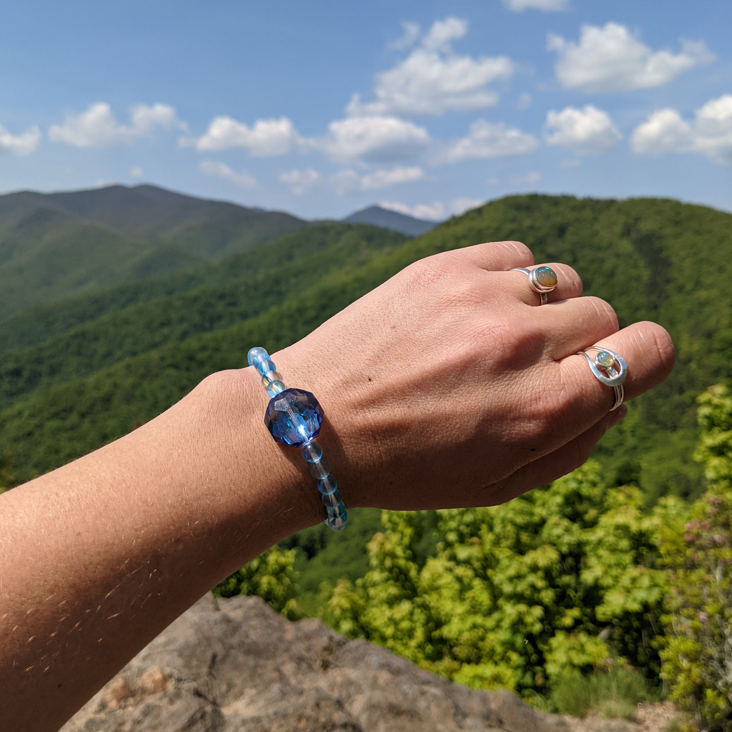 AB GLASS STRETCH BRACELET WITH CRYSTAL HEXAGON FOCAL-BRACELETS-Jipsi Junk-JipsiJunk