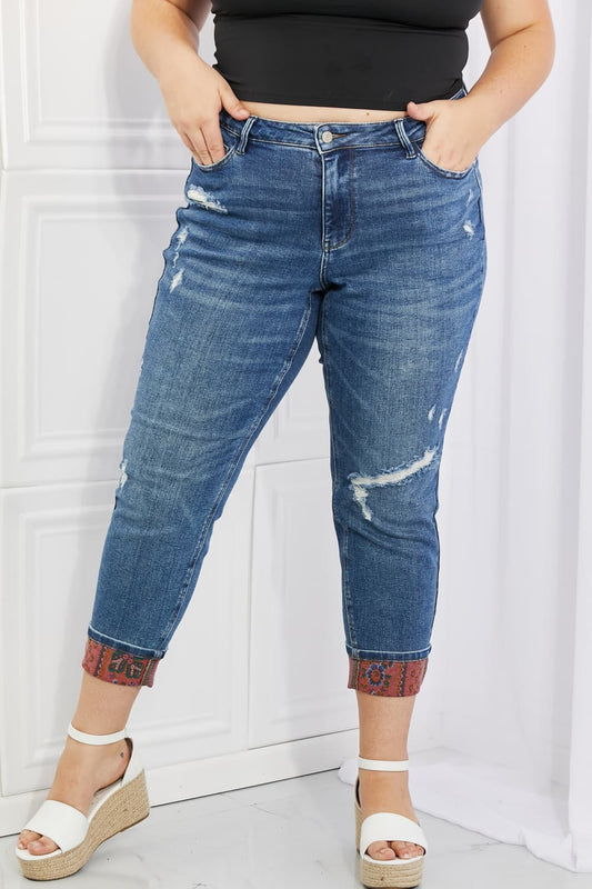 Judy Blue Gina Full Size Mid Rise Paisley Patch Cuff Boyfriend Jeans-bottoms-Trendsi-JipsiJunk