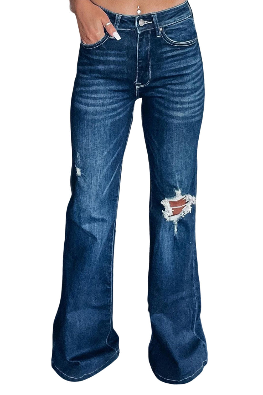 Asymmetrical Open Knee Distressed Flare Jeans-bottoms-Trendsi-JipsiJunk