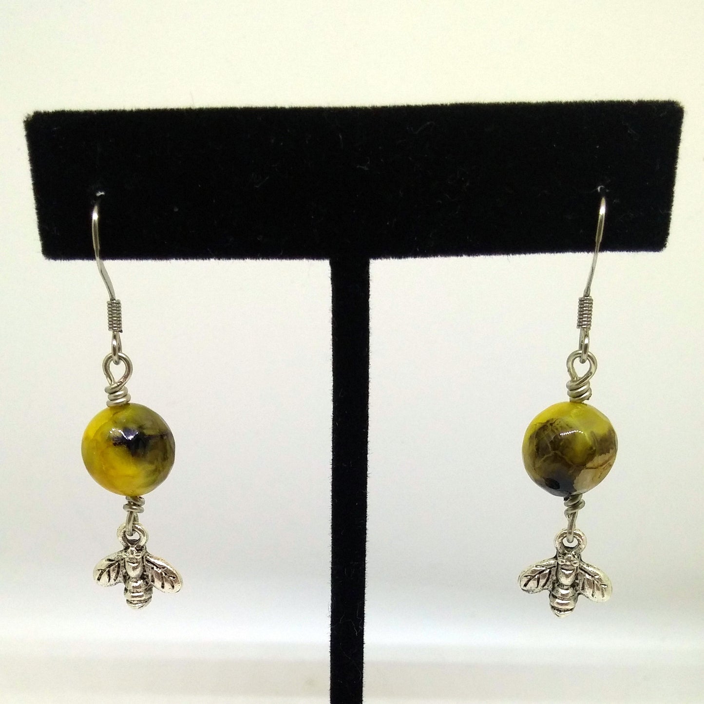 BLACK AND YELLOW CRACKED AGATE AND BUMBLE BEE EARRINGS-EARRINGS-JipsiJunk-JipsiJunk