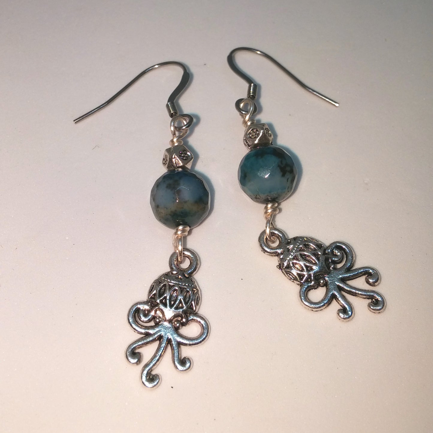 AQUA BLUE CRACKED AGATE AND OCTOPUS DANGLE EARRINGS-EARRINGS-JipsiJunk-JipsiJunk
