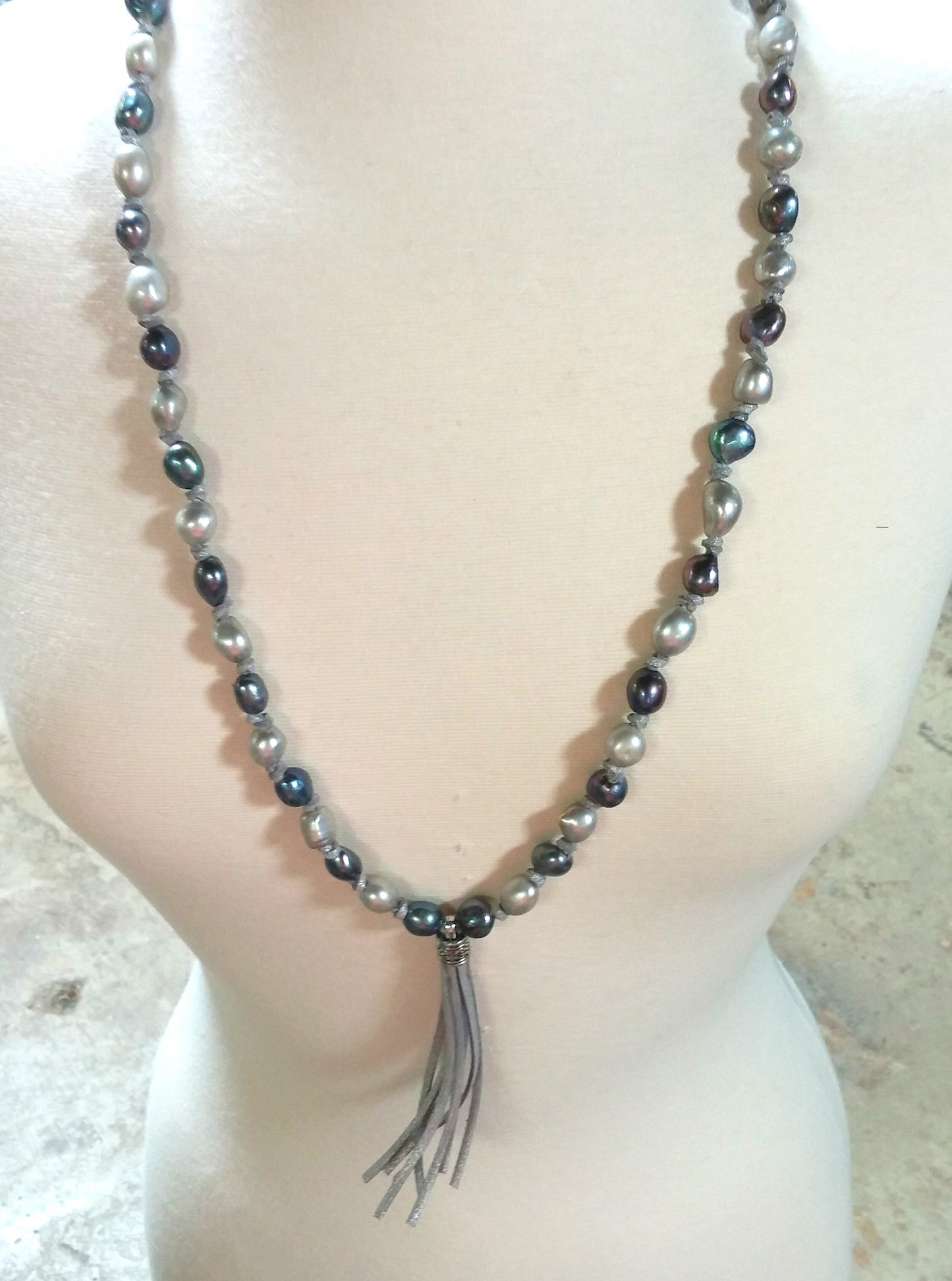 FRESHWATER BAROQUE PEARL AND SILVER SPARKLE SUEDE TASSEL NECKLACE-NECKLACES-JipsiJunk-JipsiJunk