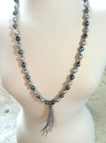 FRESHWATER BAROQUE PEARL AND SILVER SPARKLE SUEDE TASSEL NECKLACE-NECKLACES-JipsiJunk-JipsiJunk