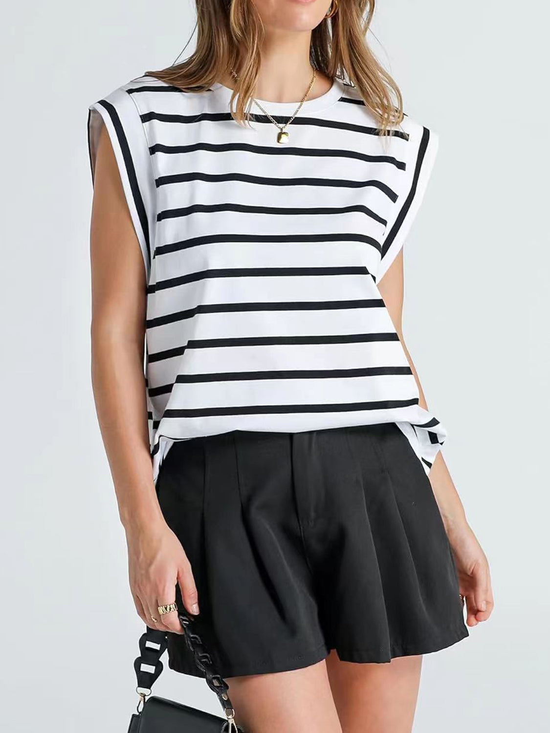 Striped Round Neck Cap Sleeve T-Shirt-Trendsi-JipsiJunk