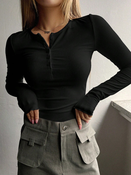 Half Button Long Sleeve T-Shirt-Trendsi-JipsiJunk