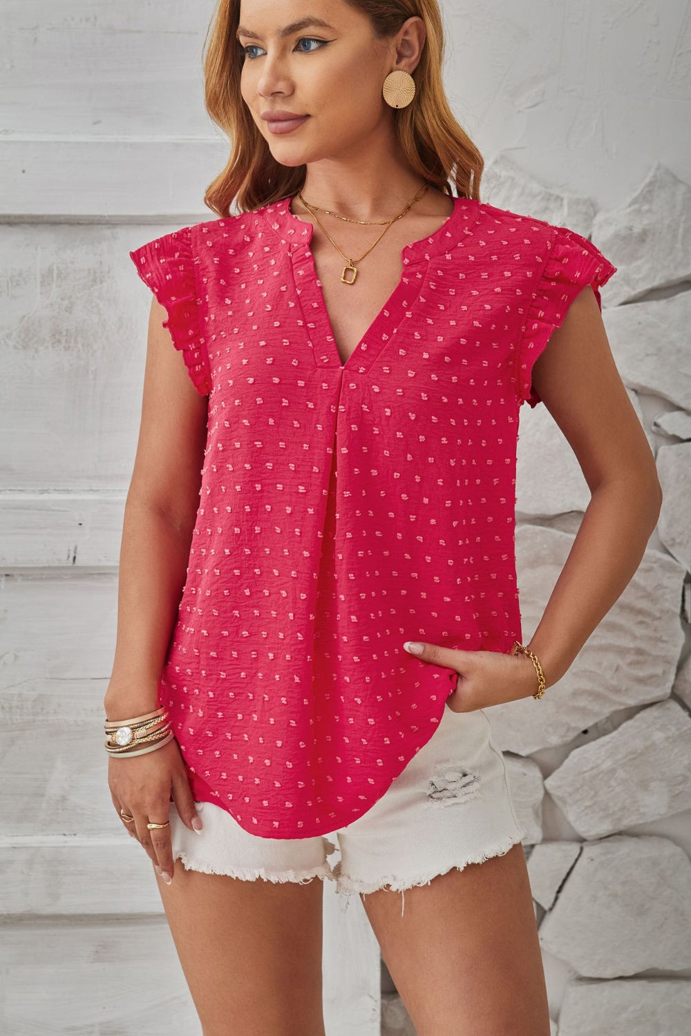 Swiss Dot Ruffled Cap Sleeve T-Shirt-Trendsi-JipsiJunk