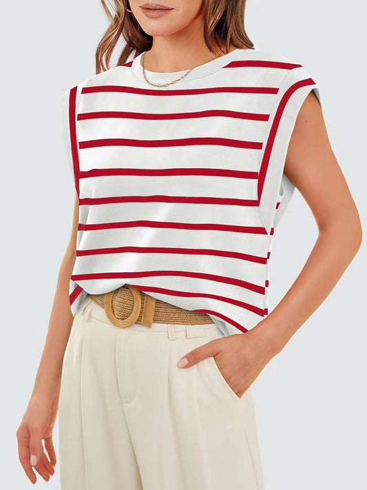 Striped Round Neck Cap Sleeve T-Shirt-Trendsi-JipsiJunk