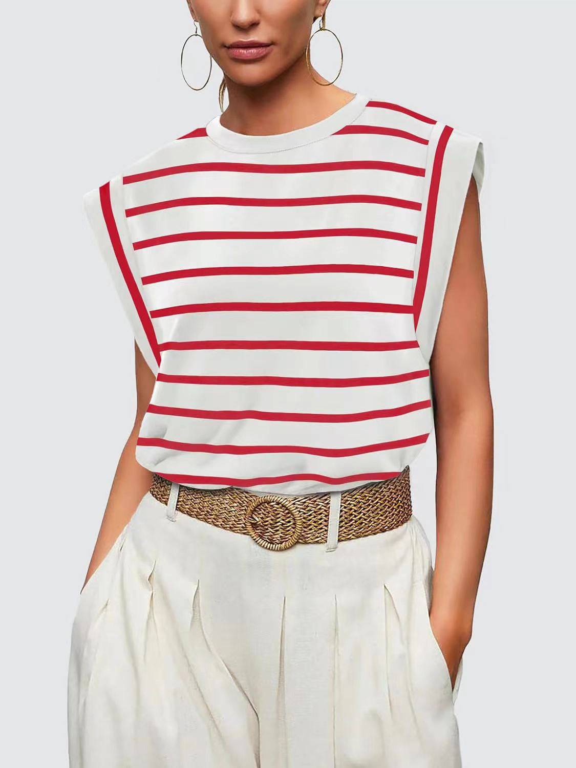 Striped Round Neck Cap Sleeve T-Shirt-Trendsi-JipsiJunk