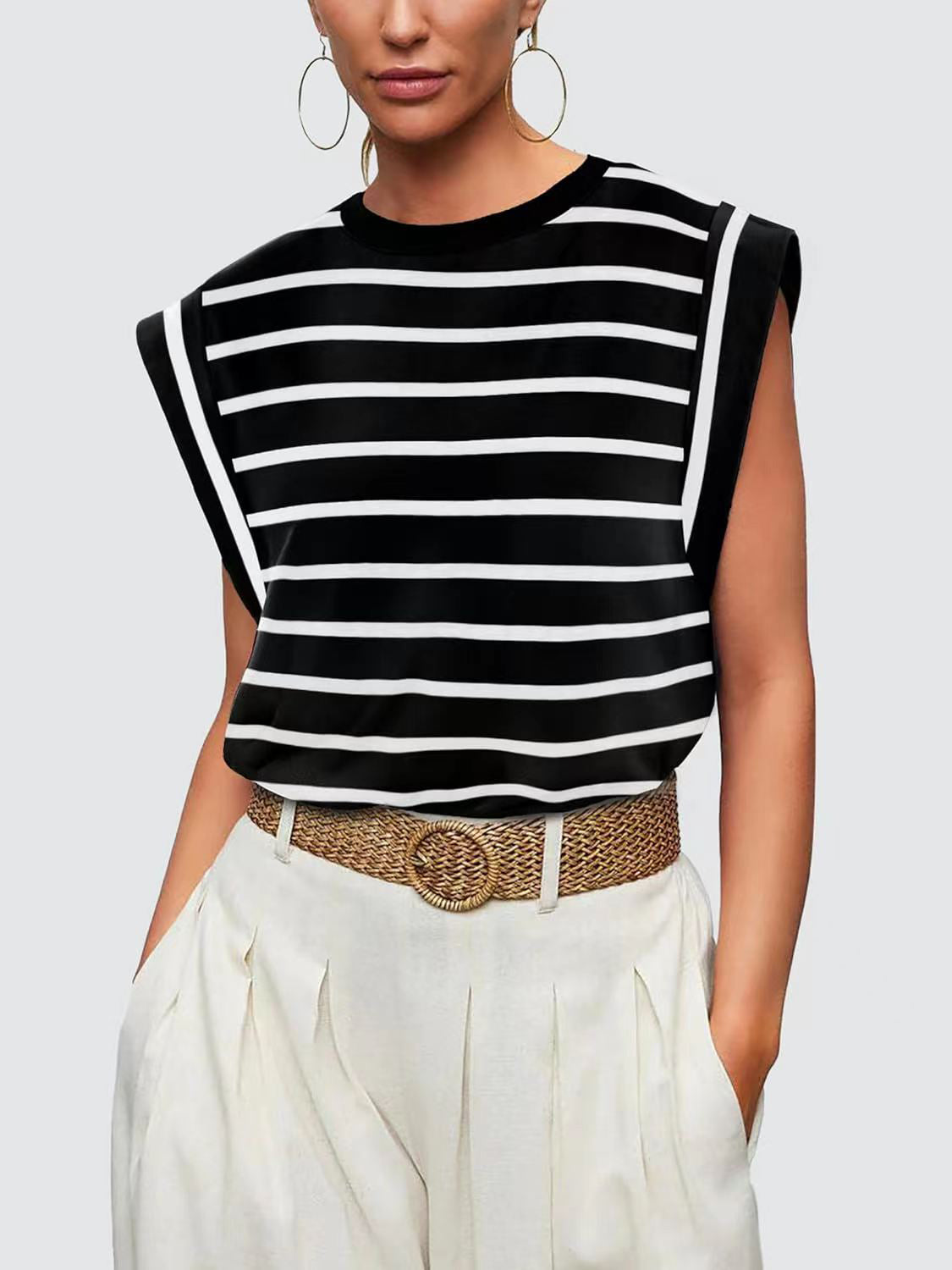 Striped Round Neck Cap Sleeve T-Shirt-Trendsi-JipsiJunk