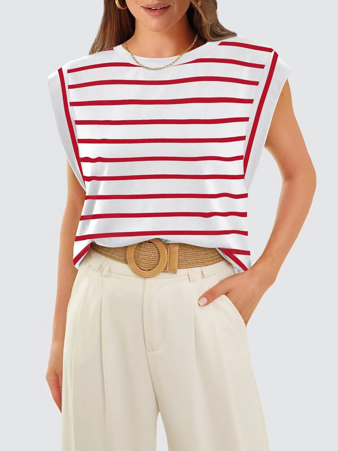 Striped Round Neck Cap Sleeve T-Shirt-Trendsi-JipsiJunk