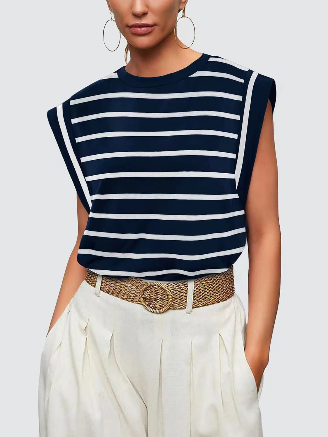 Striped Round Neck Cap Sleeve T-Shirt-Trendsi-JipsiJunk