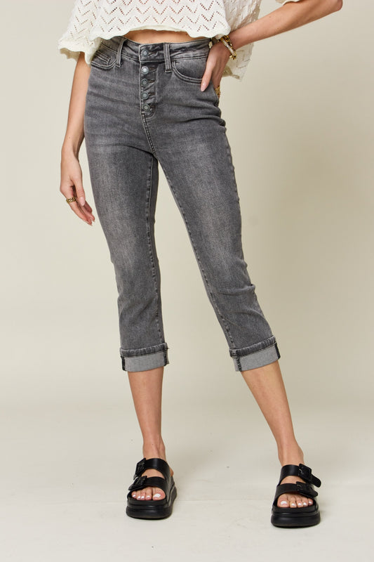 Judy Blue Full Size Button Fly High Waist Cuffed Capris-Bottoms-Trendsi-JipsiJunk