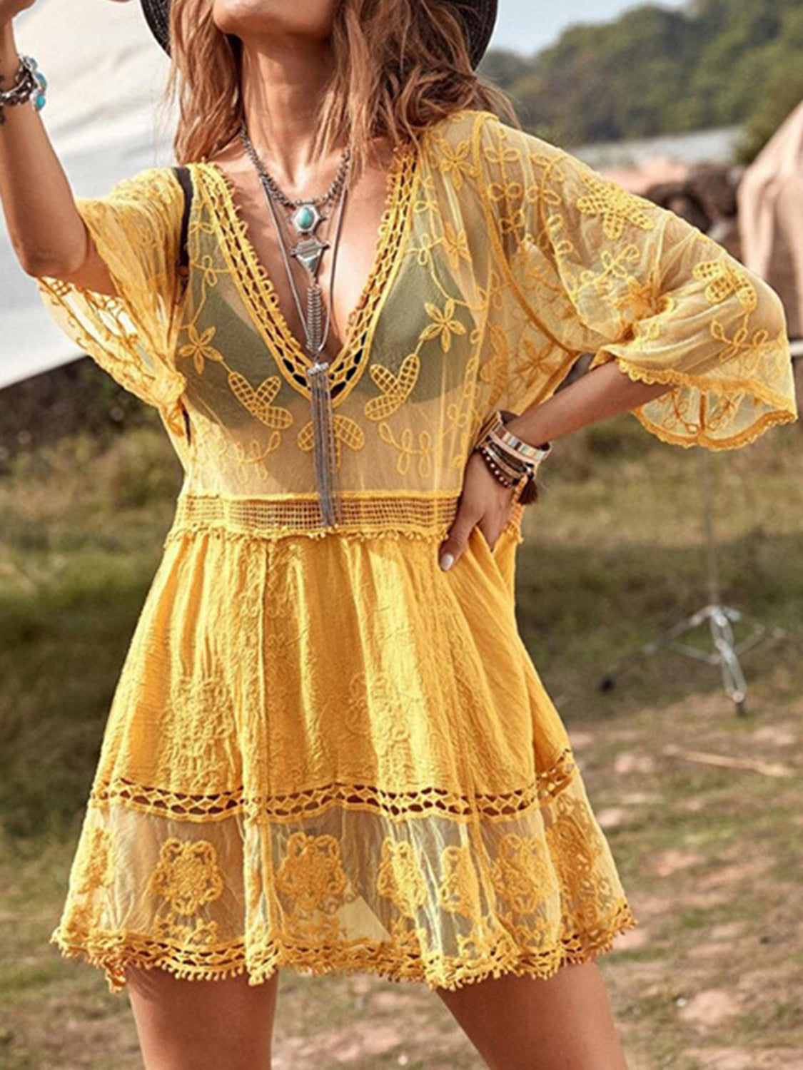 Lace Detail Plunge Cover-Up Dress-Trendsi-JipsiJunk