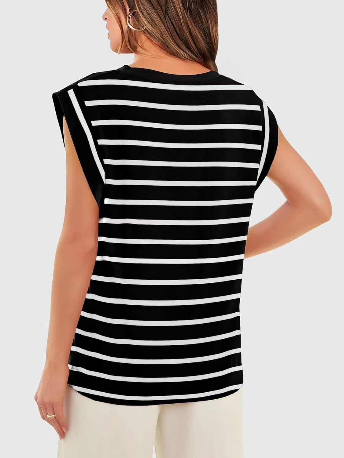 Striped Round Neck Cap Sleeve T-Shirt-Trendsi-JipsiJunk