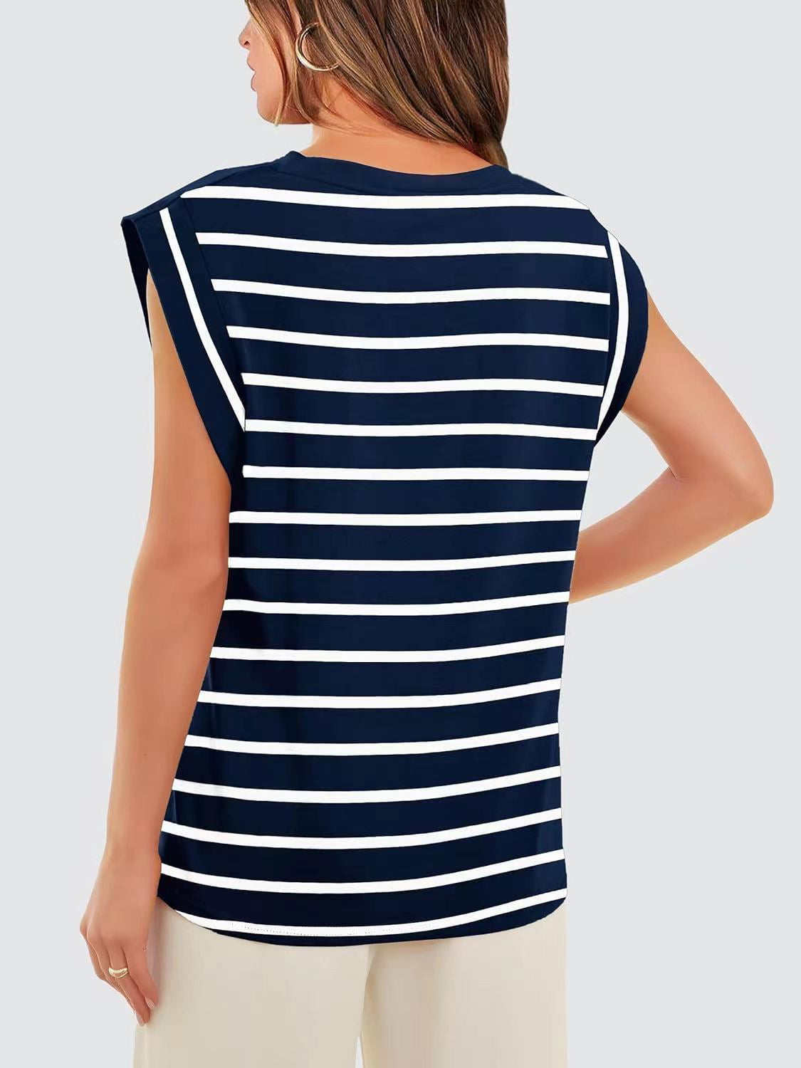Striped Round Neck Cap Sleeve T-Shirt-Trendsi-JipsiJunk