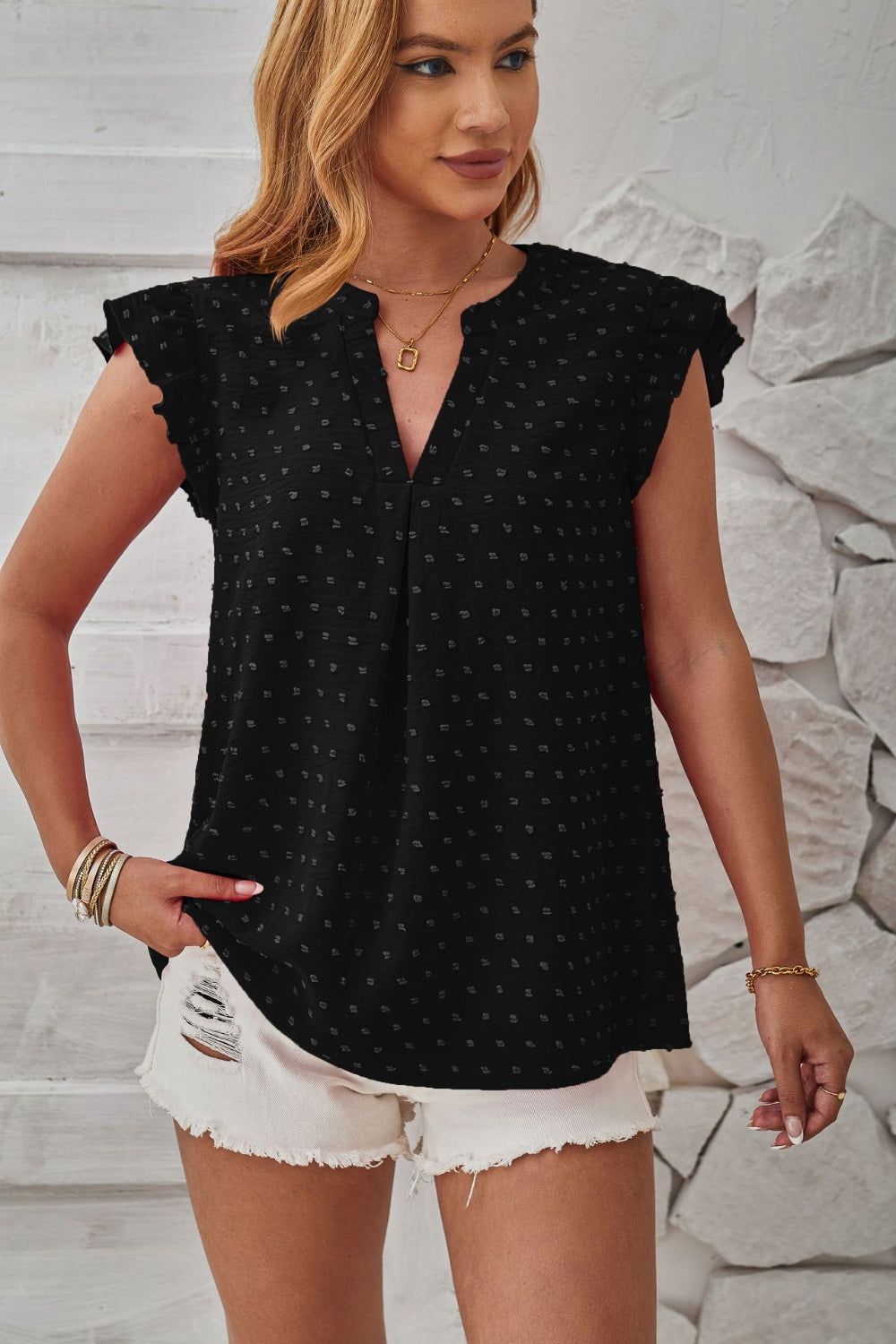 Swiss Dot Ruffled Cap Sleeve T-Shirt-Trendsi-JipsiJunk