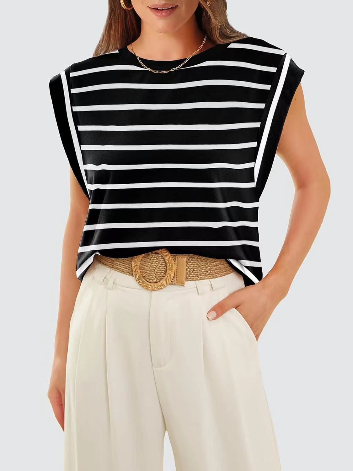 Striped Round Neck Cap Sleeve T-Shirt-Trendsi-JipsiJunk