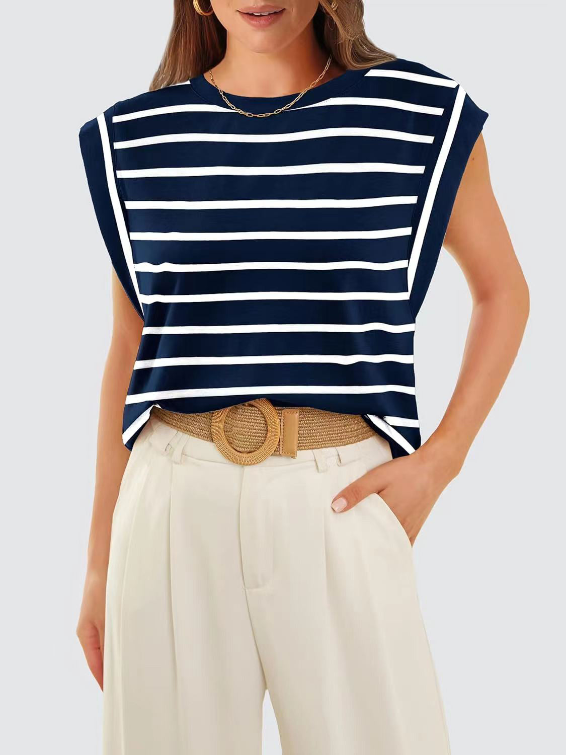Striped Round Neck Cap Sleeve T-Shirt-Trendsi-JipsiJunk