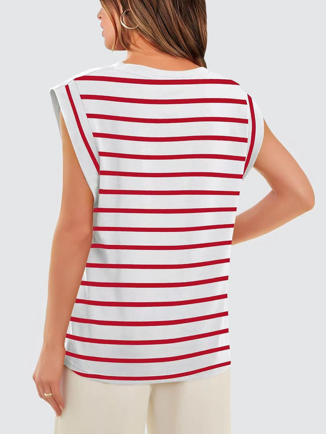 Striped Round Neck Cap Sleeve T-Shirt-Trendsi-JipsiJunk