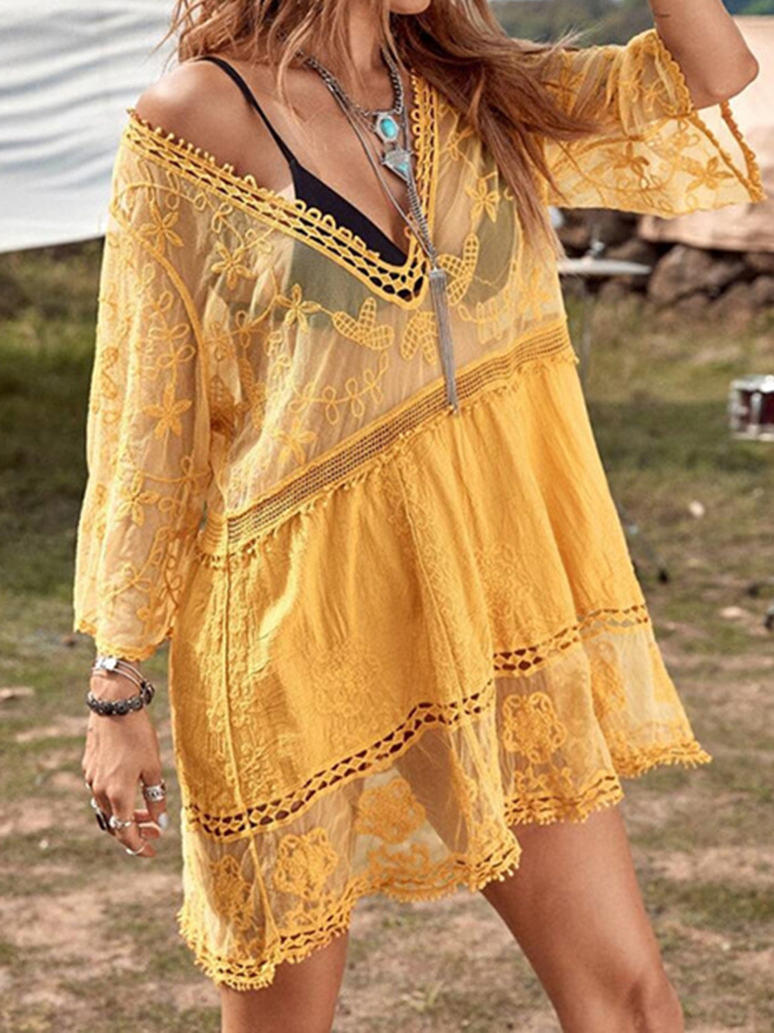 Lace Detail Plunge Cover-Up Dress-Trendsi-JipsiJunk