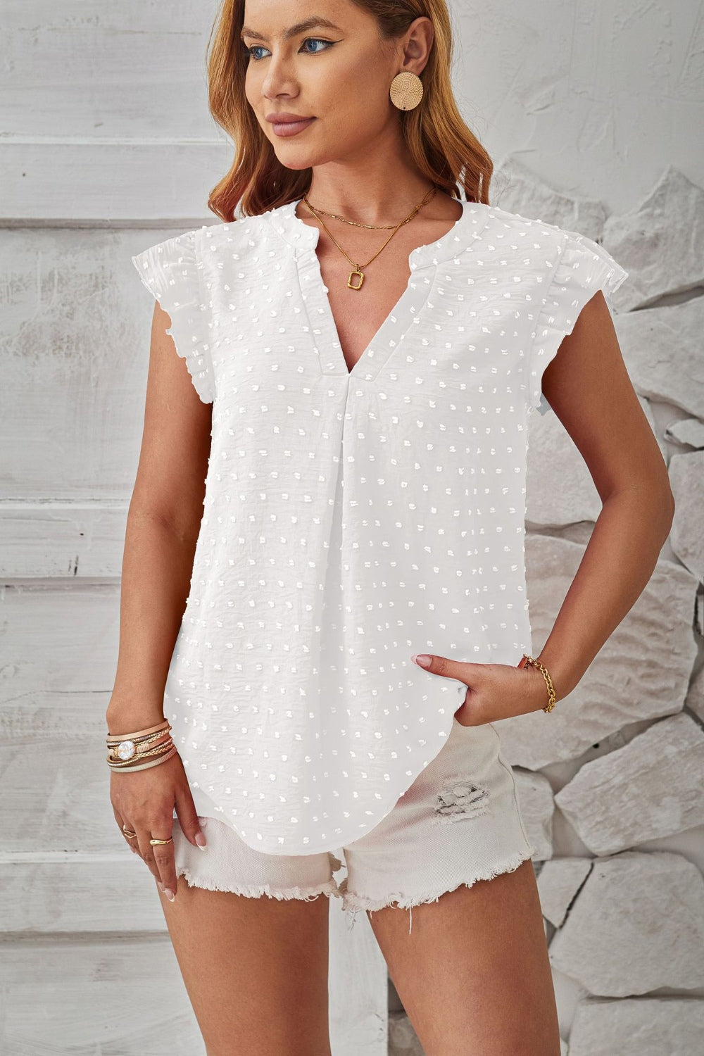 Swiss Dot Ruffled Cap Sleeve T-Shirt-Trendsi-JipsiJunk