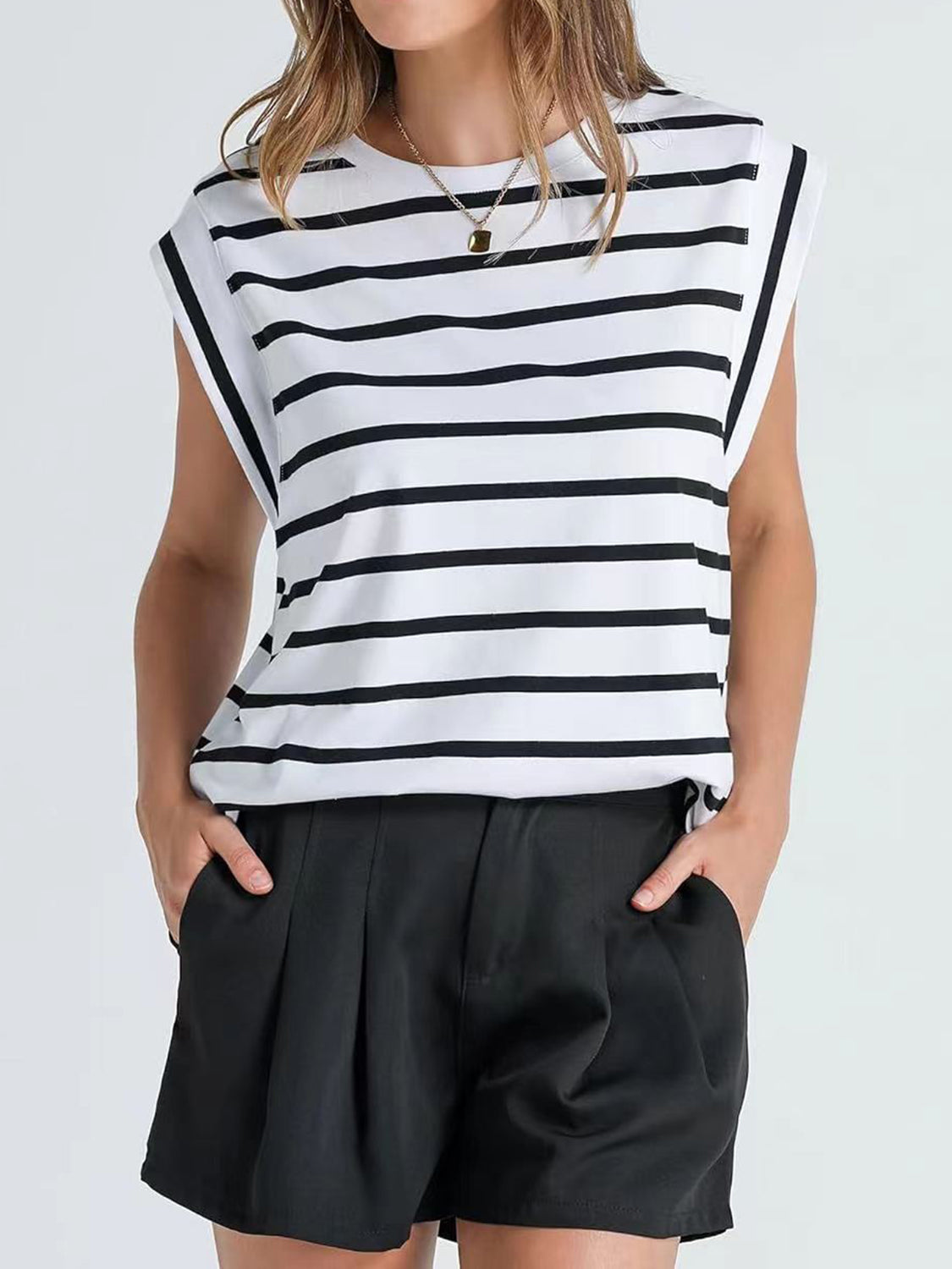 Striped Round Neck Cap Sleeve T-Shirt-Trendsi-JipsiJunk