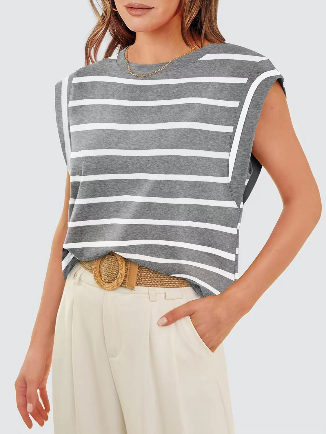 Striped Round Neck Cap Sleeve T-Shirt-Trendsi-JipsiJunk