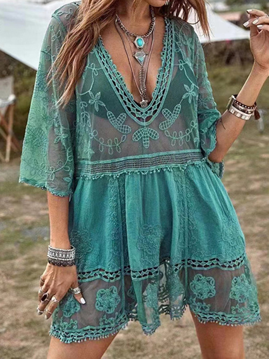 Lace Detail Plunge Cover-Up Dress-Trendsi-JipsiJunk