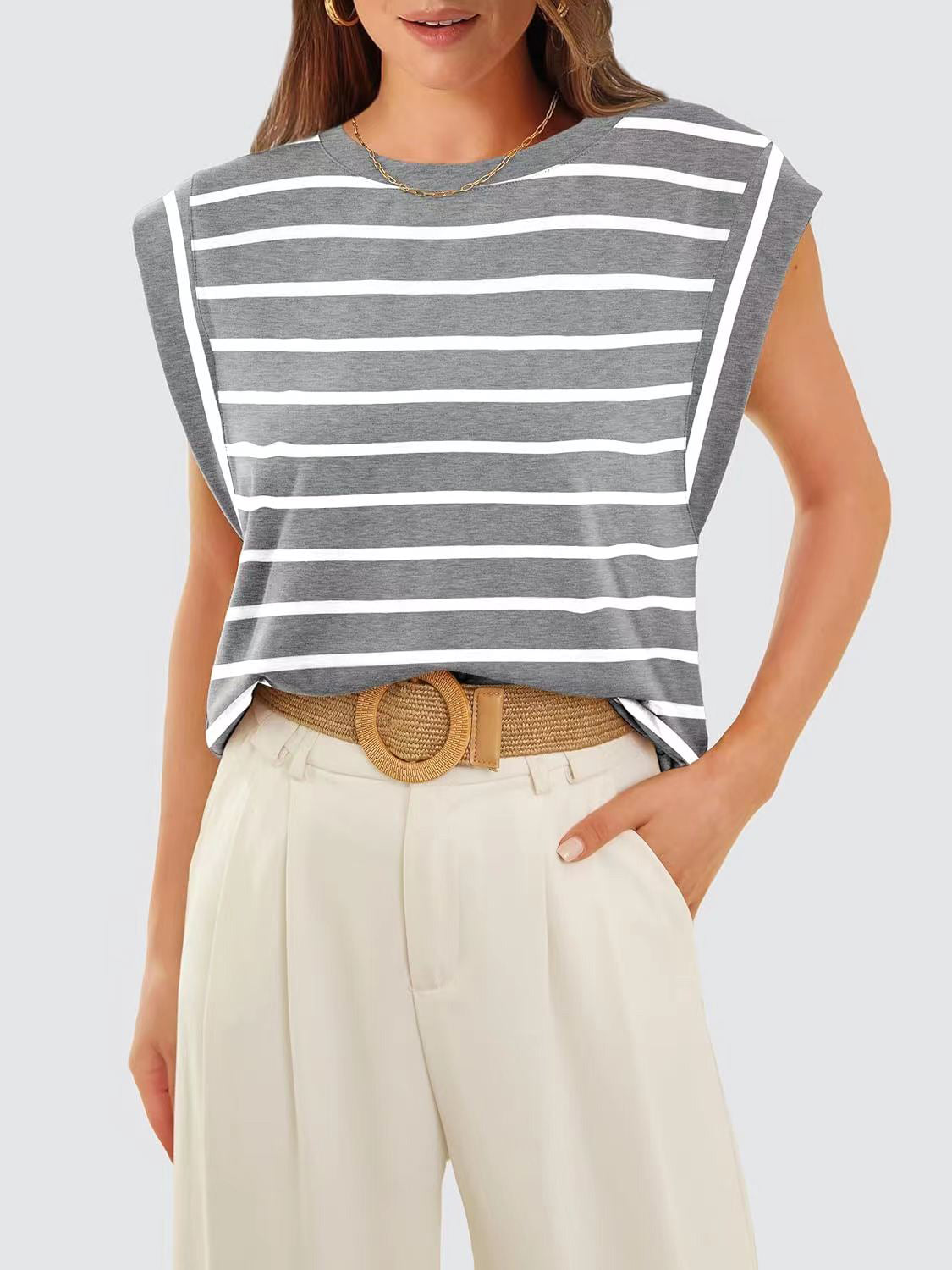 Striped Round Neck Cap Sleeve T-Shirt-Trendsi-JipsiJunk