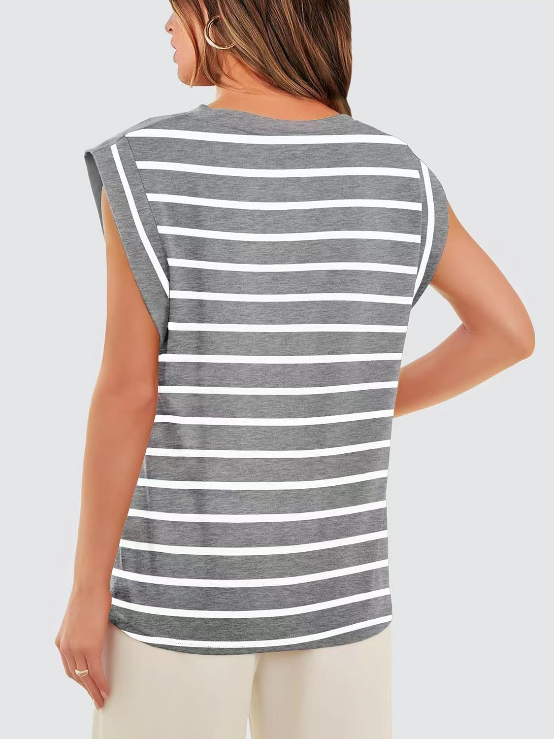 Striped Round Neck Cap Sleeve T-Shirt-Trendsi-JipsiJunk