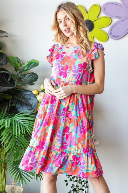 Heimish Full Size Floral Cap Sleeve Tiered Dress-Trendsi-JipsiJunk