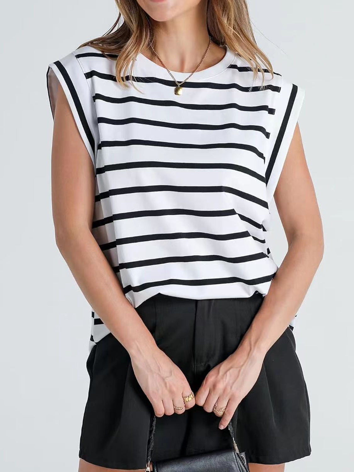 Striped Round Neck Cap Sleeve T-Shirt-Trendsi-JipsiJunk