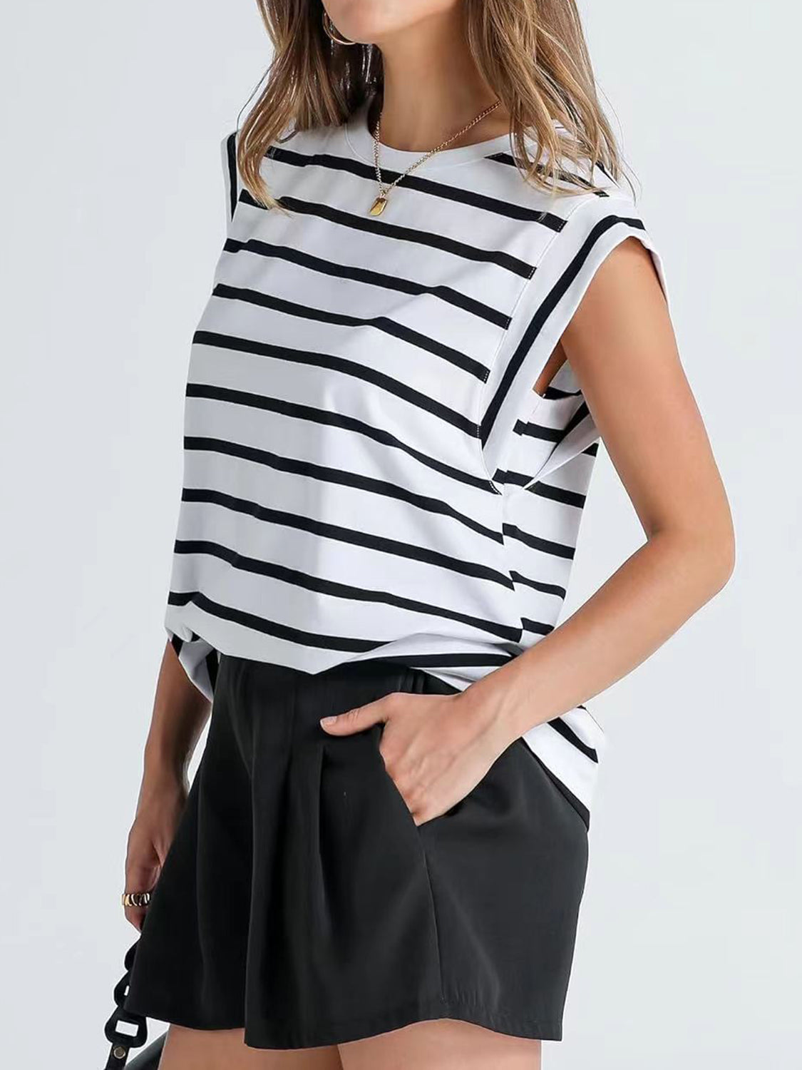 Striped Round Neck Cap Sleeve T-Shirt-Trendsi-JipsiJunk