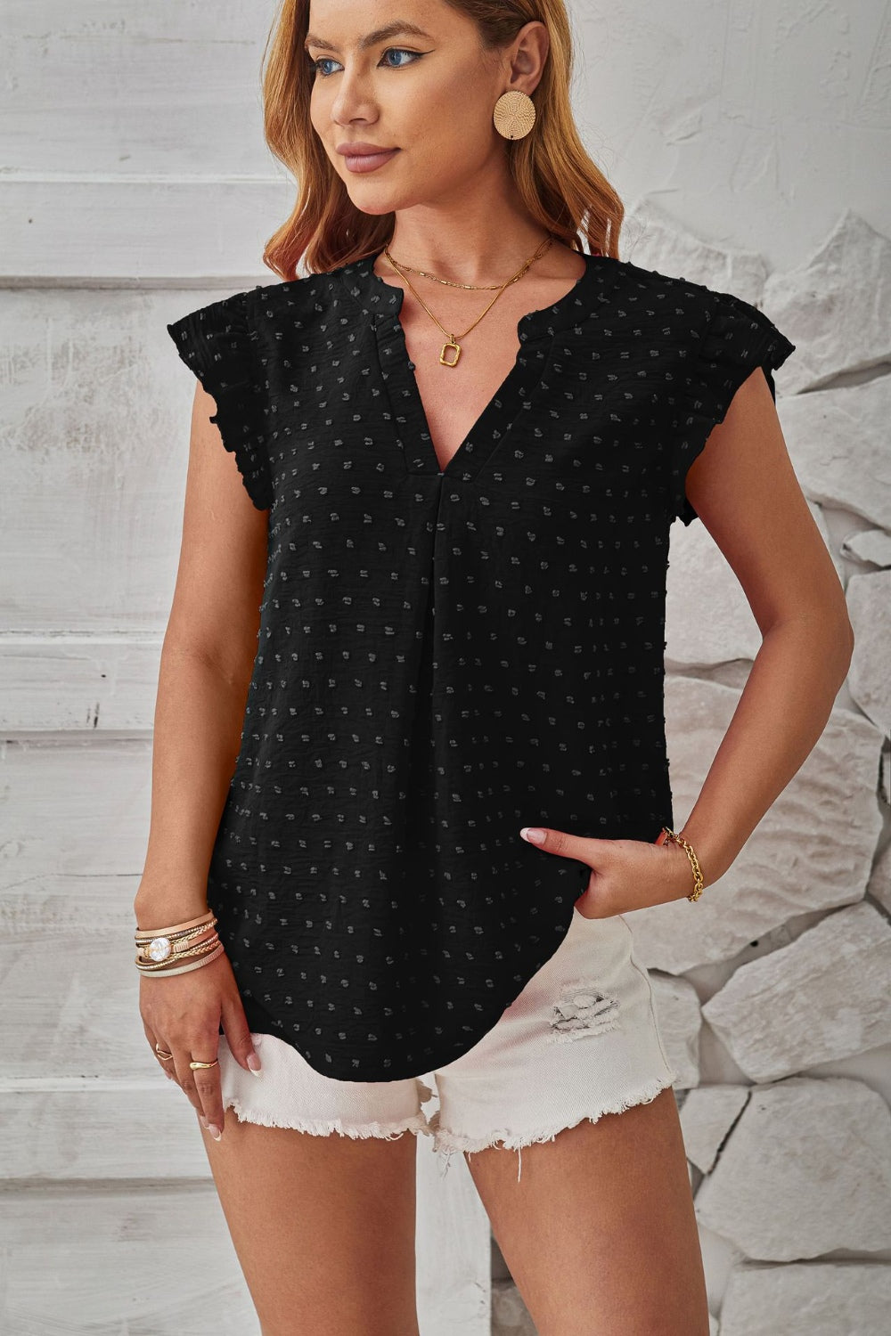 Swiss Dot Ruffled Cap Sleeve T-Shirt-Trendsi-JipsiJunk