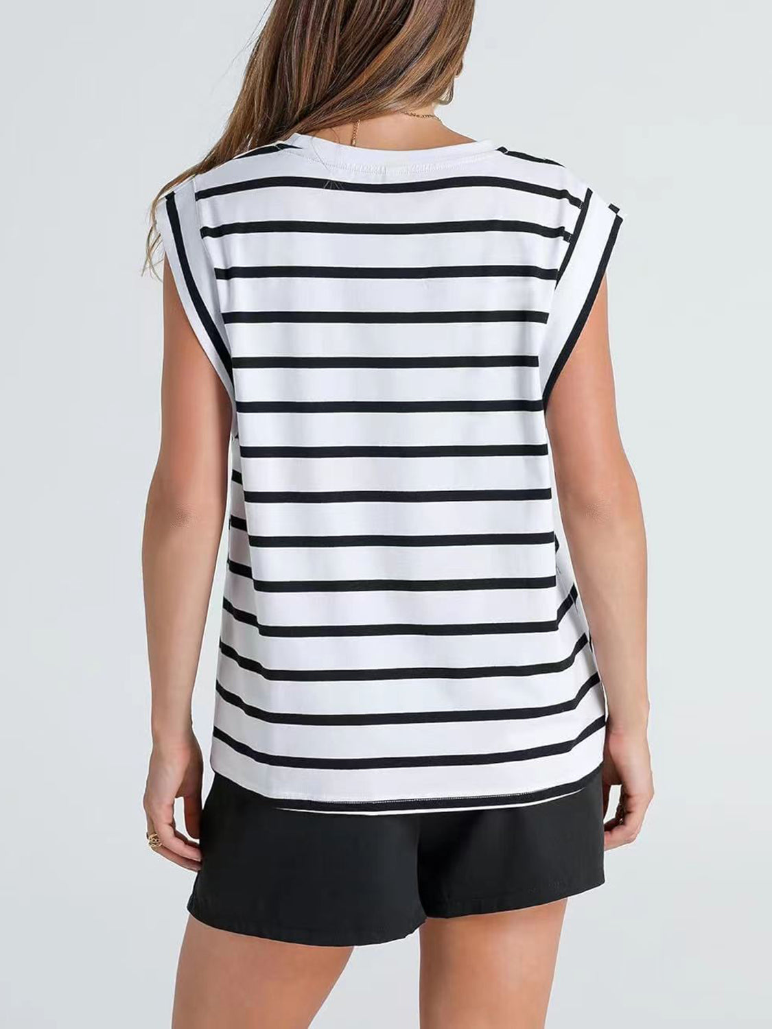 Striped Round Neck Cap Sleeve T-Shirt-Trendsi-JipsiJunk