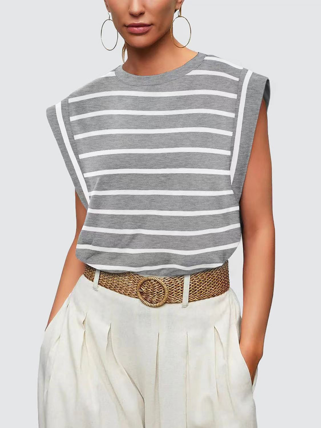 Striped Round Neck Cap Sleeve T-Shirt-Trendsi-JipsiJunk