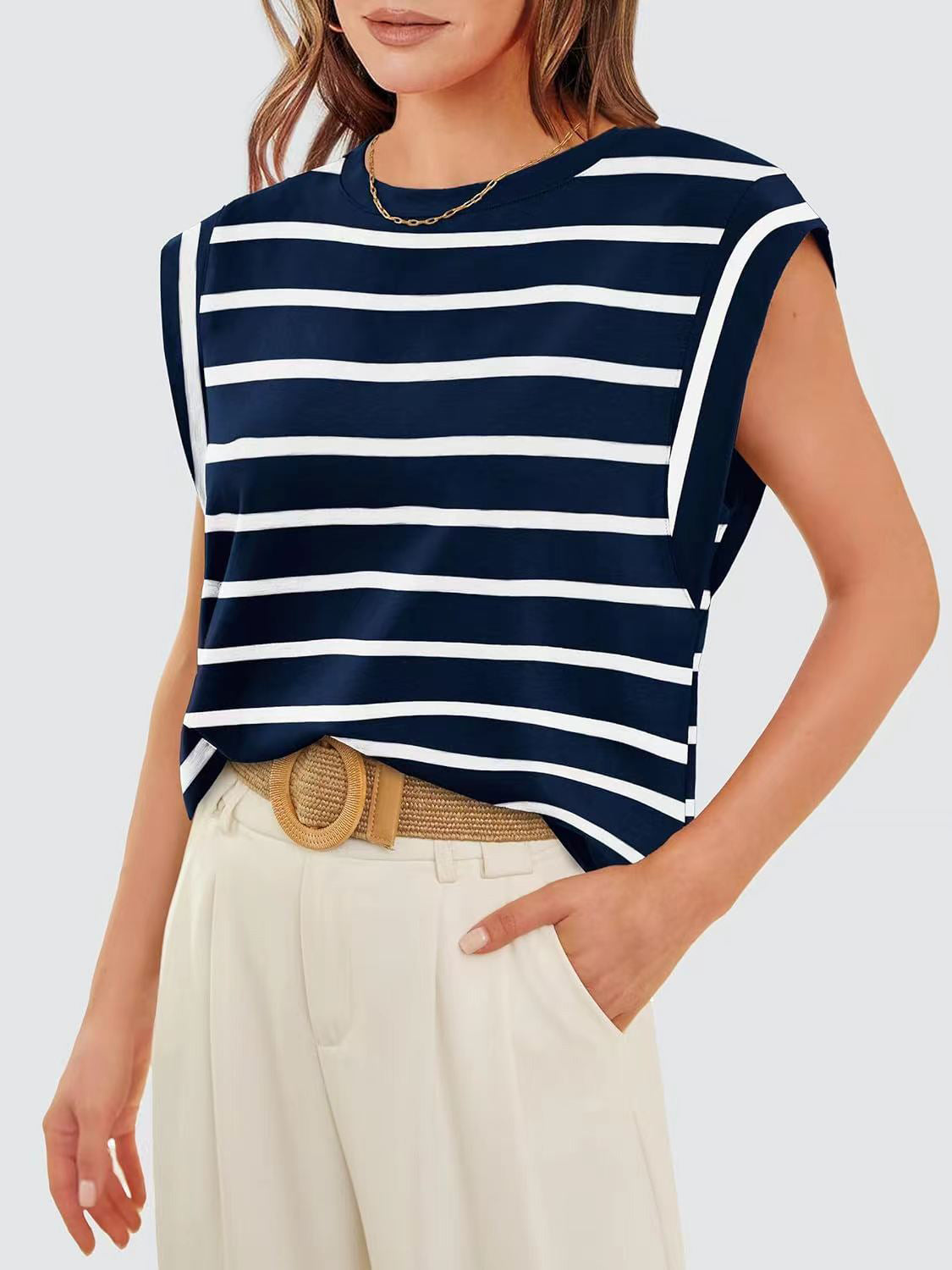 Striped Round Neck Cap Sleeve T-Shirt-Trendsi-JipsiJunk