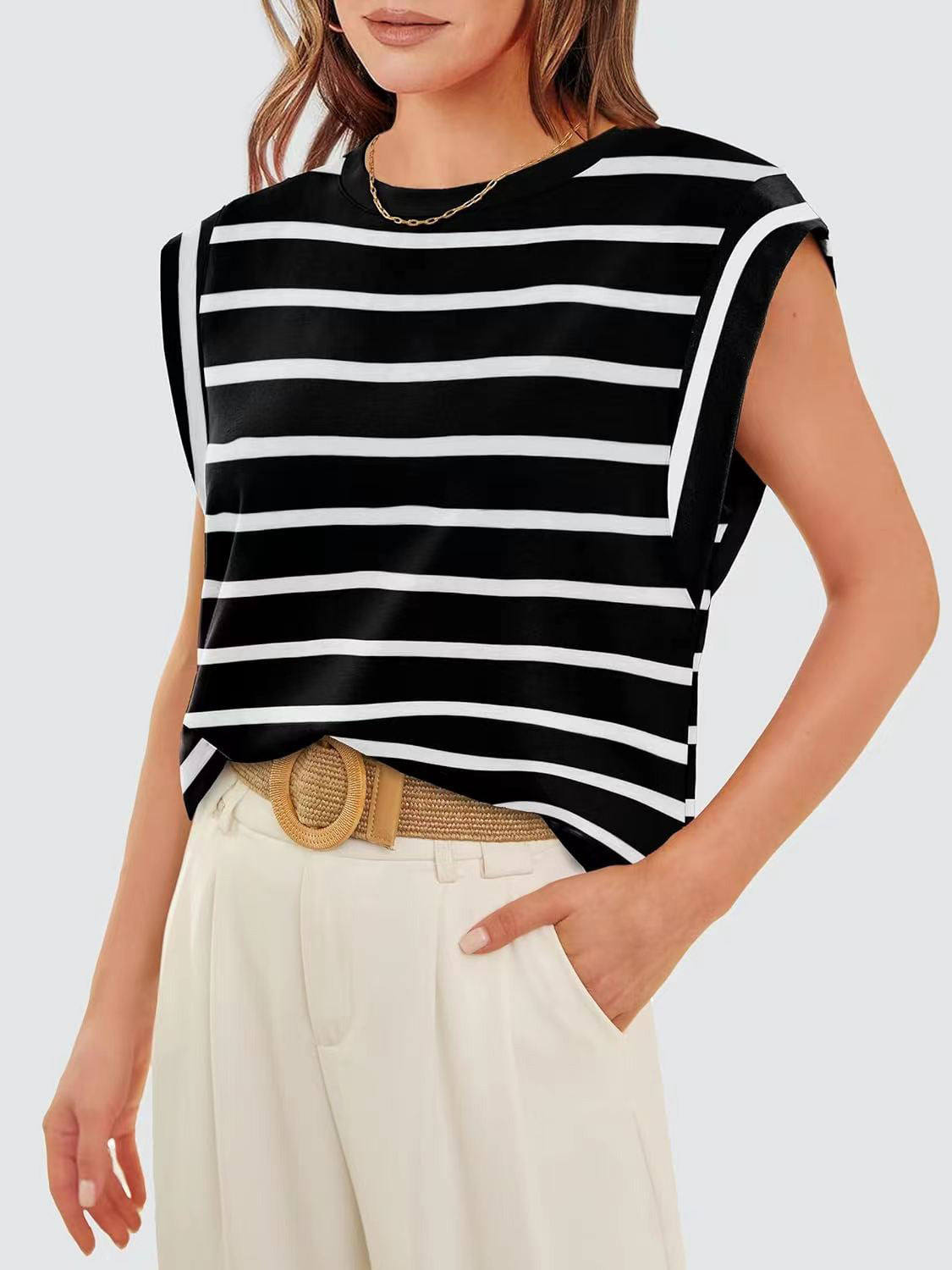 Striped Round Neck Cap Sleeve T-Shirt-Trendsi-JipsiJunk