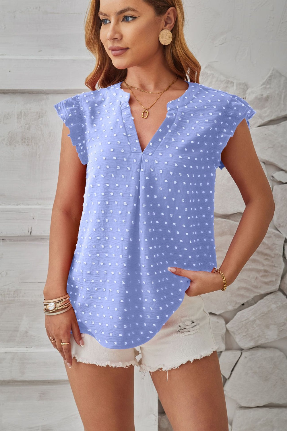 Swiss Dot Ruffled Cap Sleeve T-Shirt-Trendsi-JipsiJunk