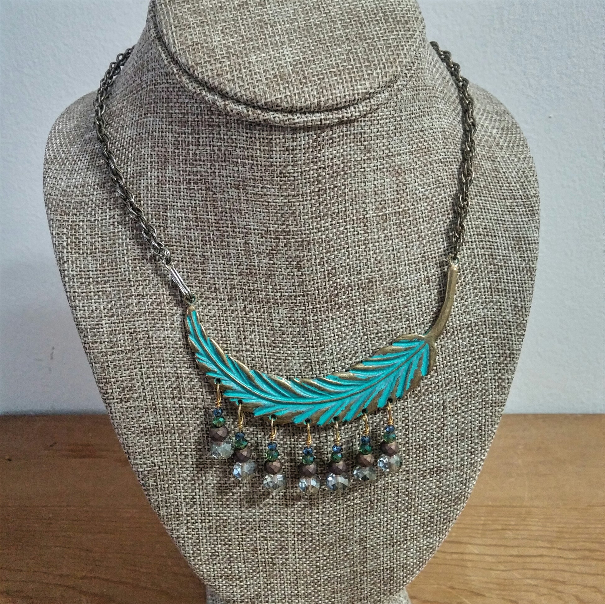 GREEN PATINA BRONZE FEATHER BIB WITH BEADED DANGLES-NECKLACES-Jipsi Junk-JipsiJunk
