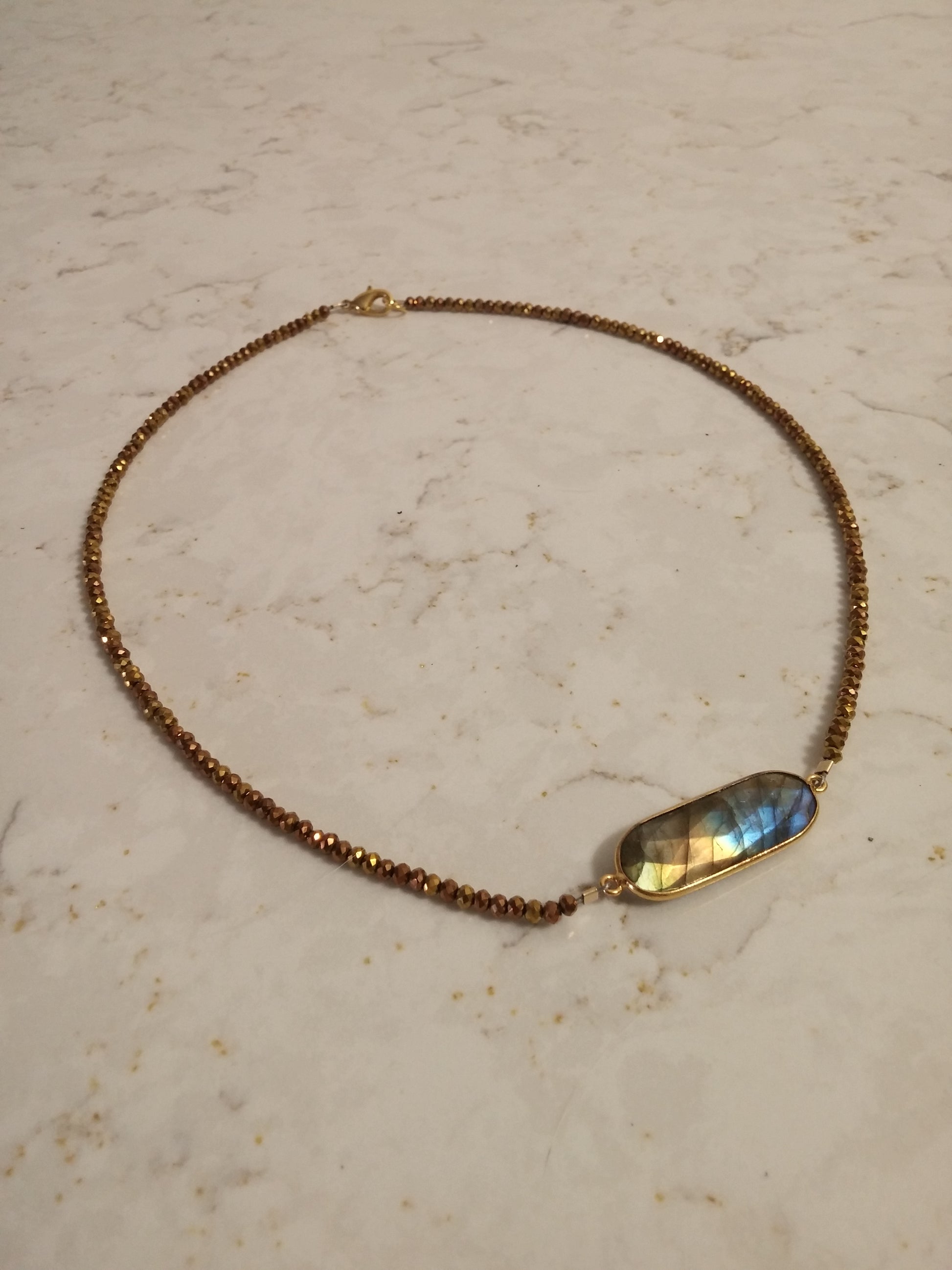 LONG OVAL LABRADORITE CHOKER WITH GOLDEN COPPER BEADED CHAIN-NECKLACES-Jipsi Junk-JipsiJunk