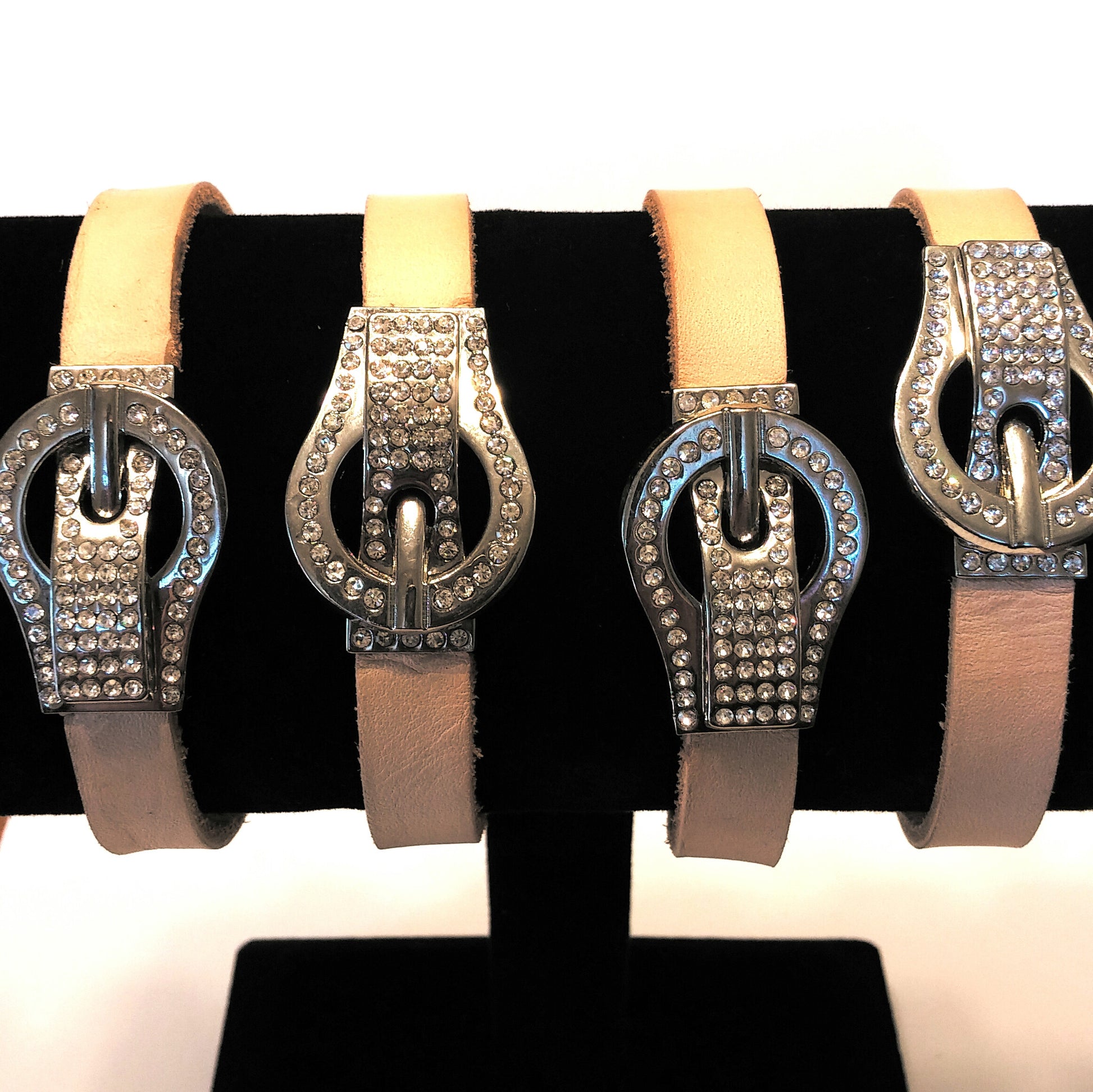 NATURAL LEATHER CRYSTAL PAVE BUCKLE BRACELET-BRACELETS-JipsiJunk-JipsiJunk