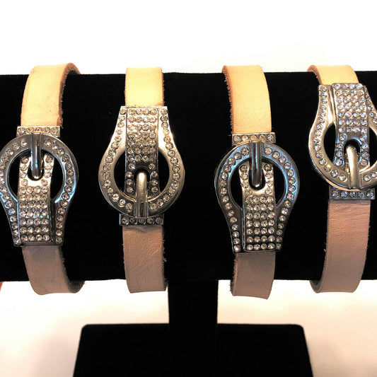 NATURAL LEATHER CRYSTAL PAVE BUCKLE BRACELET-BRACELETS-JipsiJunk-JipsiJunk