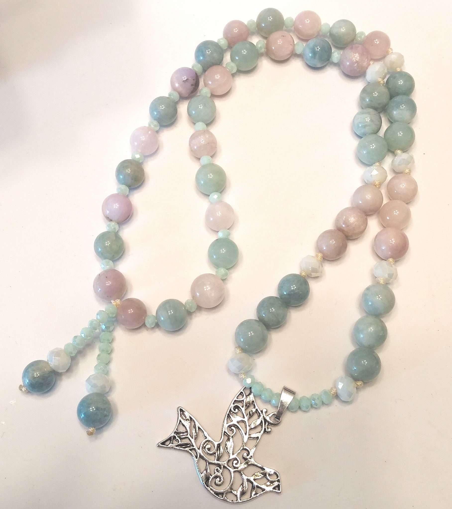NATURAL AQUAMARINE KUNZITE AND PEACE DOVE BEADED NECKLACE-NECKLACES-JipsiJunk-JipsiJunk