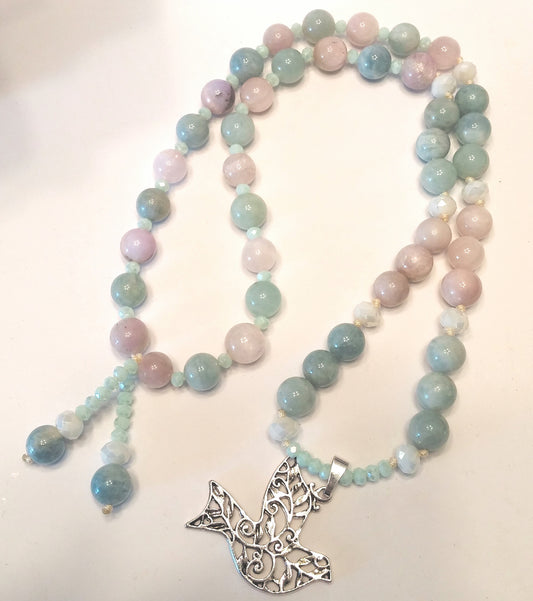 NATURAL AQUAMARINE KUNZITE AND PEACE DOVE BEADED NECKLACE-NECKLACES-JipsiJunk-JipsiJunk