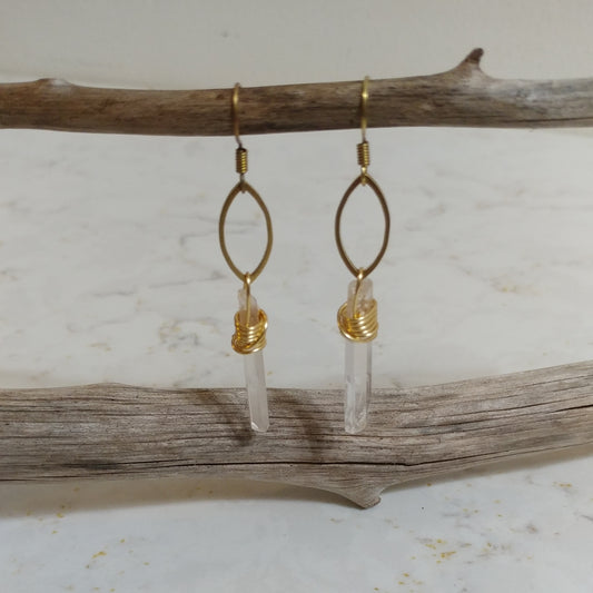 MARQUISE BRASS EARRINGS WITH GENUINE QUARTZ POINT-EARRINGS-Jipsi Junk-JipsiJunk