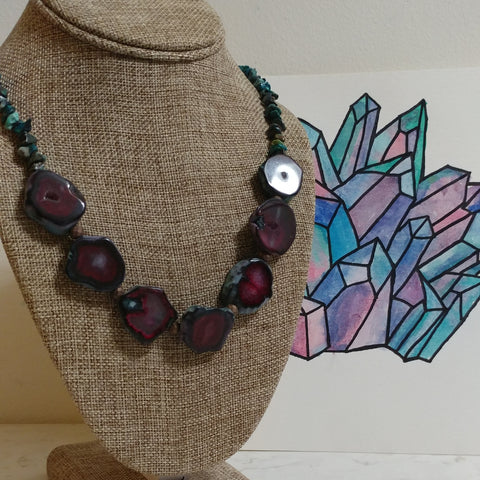 CHRYSOCOLLA CHIP AND WATERMELON COLORED AGATE NECKLACE-NECKLACES-Jipsi Junk-JipsiJunk