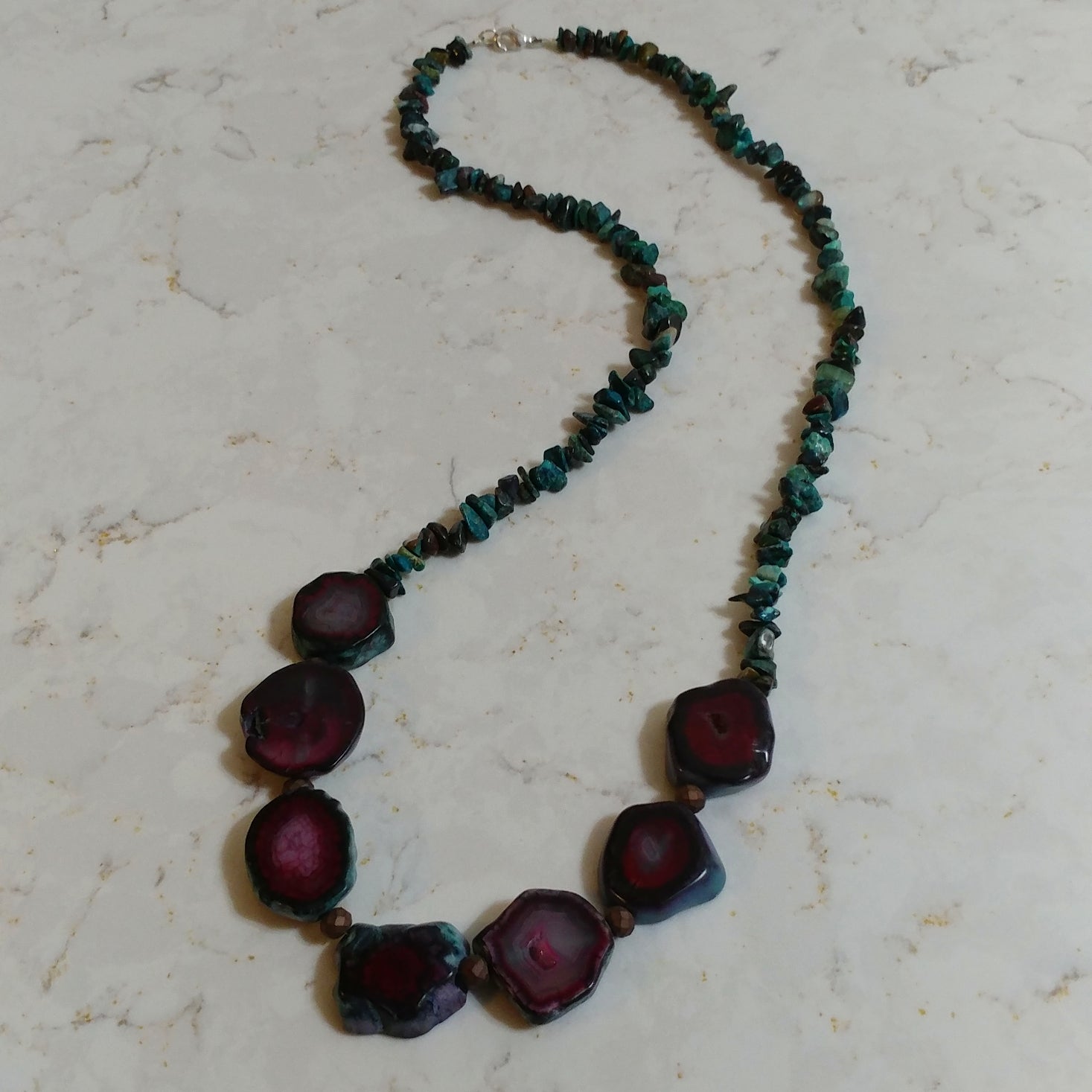 CHRYSOCOLLA CHIP AND WATERMELON COLORED AGATE NECKLACE-NECKLACES-Jipsi Junk-JipsiJunk
