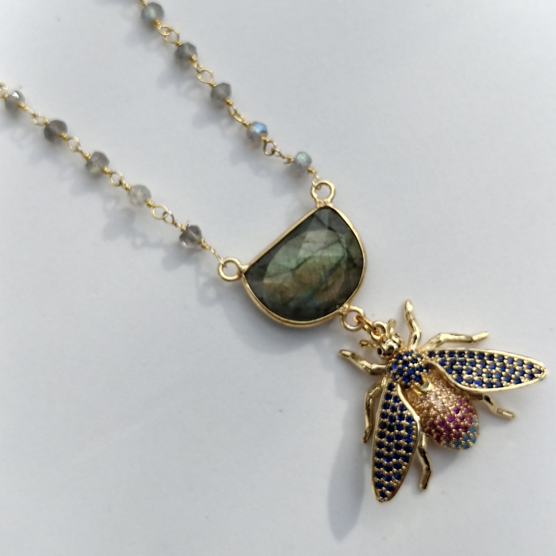 CZ BEE NECKLACE WITH LABRADORITE FOCAL AND BEADED GOLD FILL CHAIN - 18"-NECKLACES-Jipsi Junk-JipsiJunk