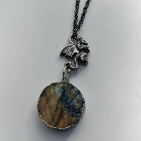 ROUGH LABRADORITE COIN AND DRAGON NECKLACE IN GUNMETAL - 18"-NECKLACES-Jipsi Junk-JipsiJunk